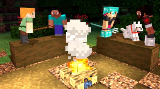 Minecraft hacks: A group of Minecraft characters around a campfire