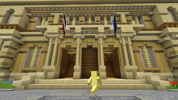 A player walks past a French building on Macron's Minecraft server