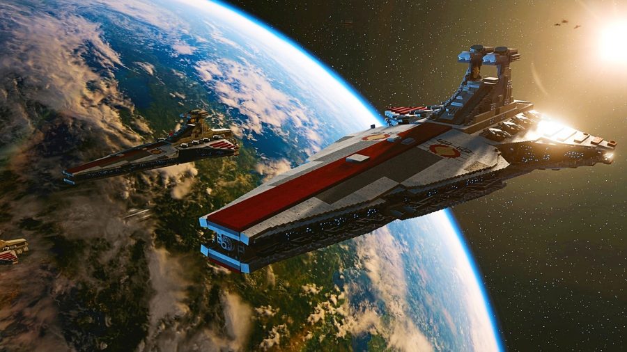 Venator Star Destroyers orbit a planet in new game Lego Star Wars: The Skywalker Saga