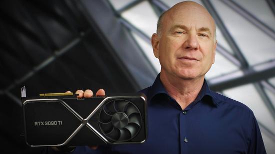 Nvidia's senior VP, Jeff Fisher, holding a Founders Edition GeForce RTX 3090 Ti