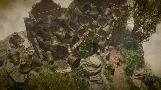 A huge pile of massive bells in Pathfinder: Wrath of the Righteous' new DLC, Inevitable Excess.