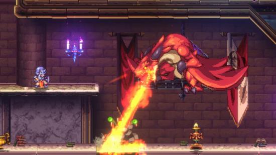 Souldiers release date: A dragon breathes fire across a 2D castle interior