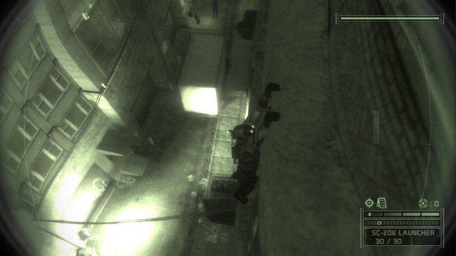 Splinter Cell remake stealth: Sam Fisher climbing along a ledge in night vision view