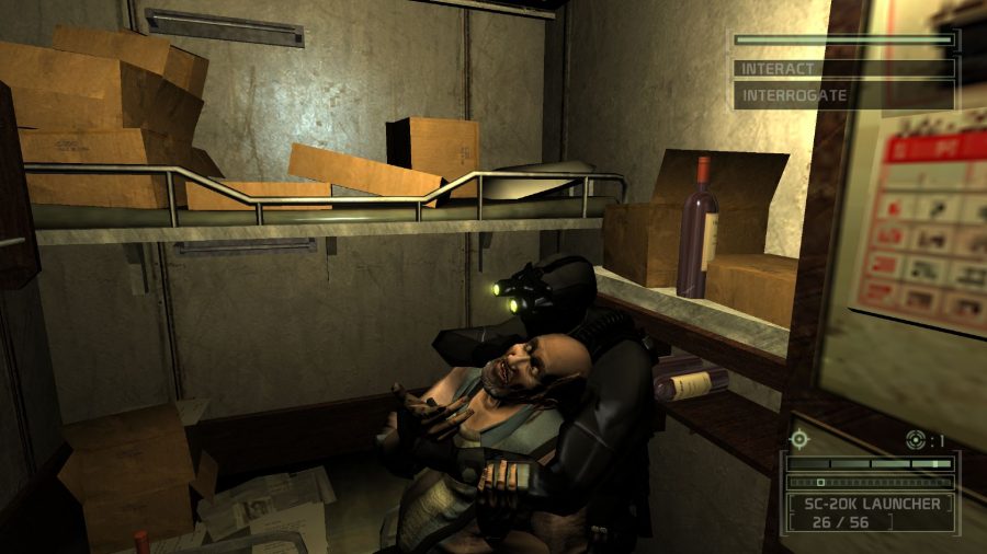 Splinter Cell remake stealth: Sam Fisher dragging a knocked out guard into a pantry
