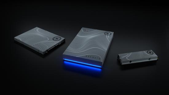 Seagate's collection of Mandalorian beskar steel inspired storage devices, including an external HDD, SATA 2.5" SSD, and M2. NVMe PCIe Gen 4 SSD
