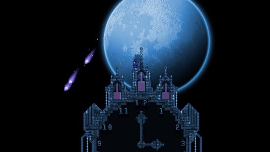 Terraria wiki: A player stands on top of a clock tower in front of a moon
