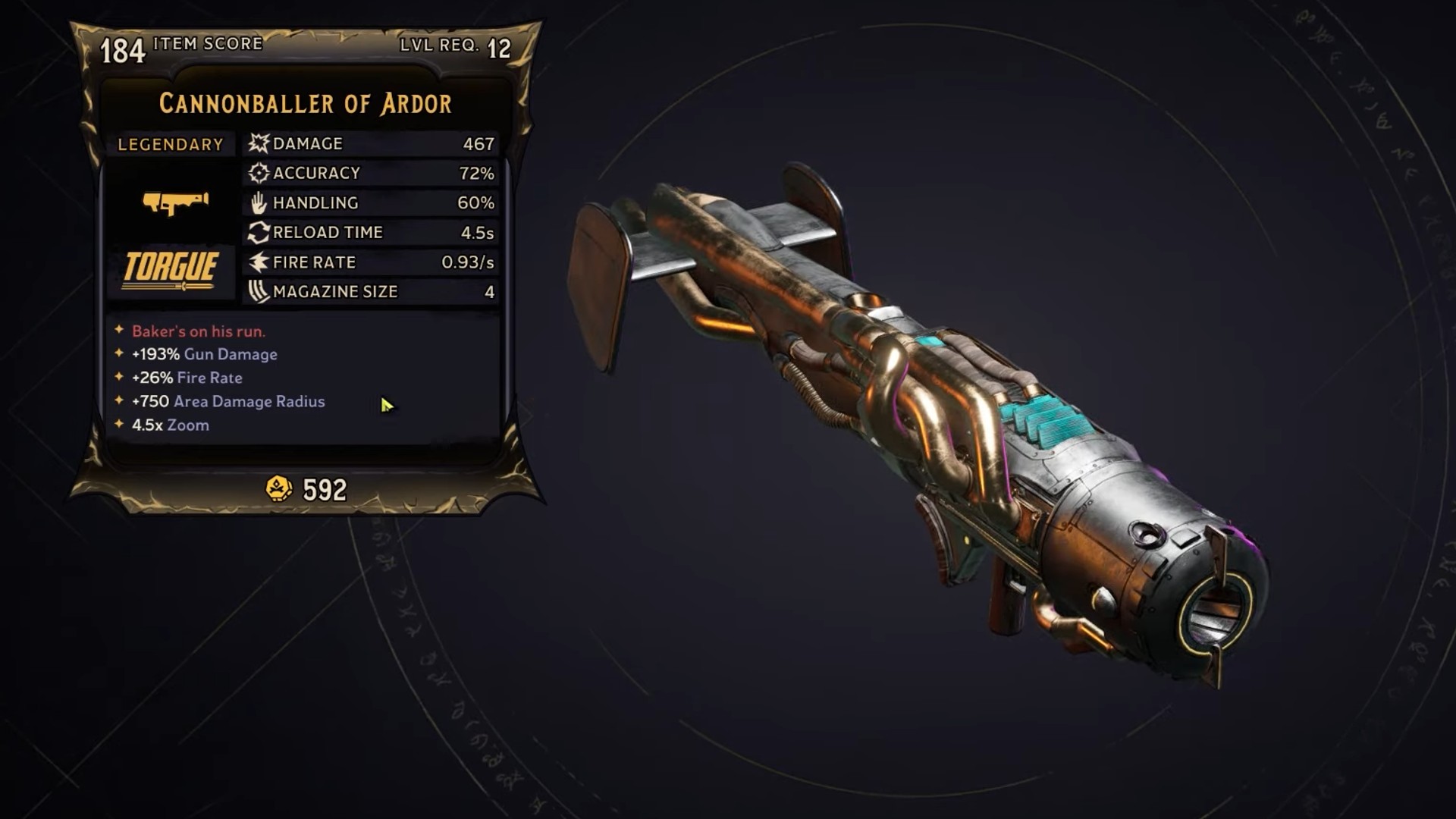 Tiny Tina's Wonderlands legendary weapons: the stats and model of the Cannonballer of Ardor rocket launcher.