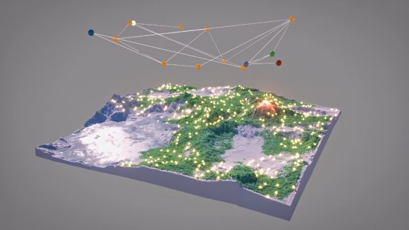 Ubisoft Scalar: Isometric diagram of map with green terrain and glowing dots