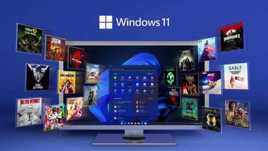 Windows 11: A series of videogame thumbnails firing out from a desktop monitor with a Windows 11 logo