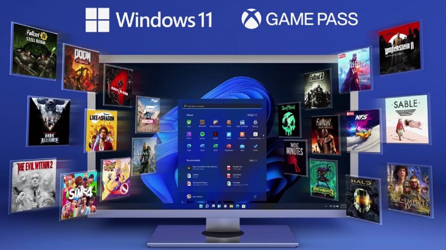 Windows 11 Xbox Game Pass advertisement with crippled  logos and mock show   connected  bluish  backdrop