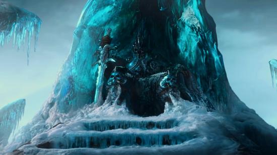 The villain of WoW's Wrath of the Lich King expansion sits on a icy throne