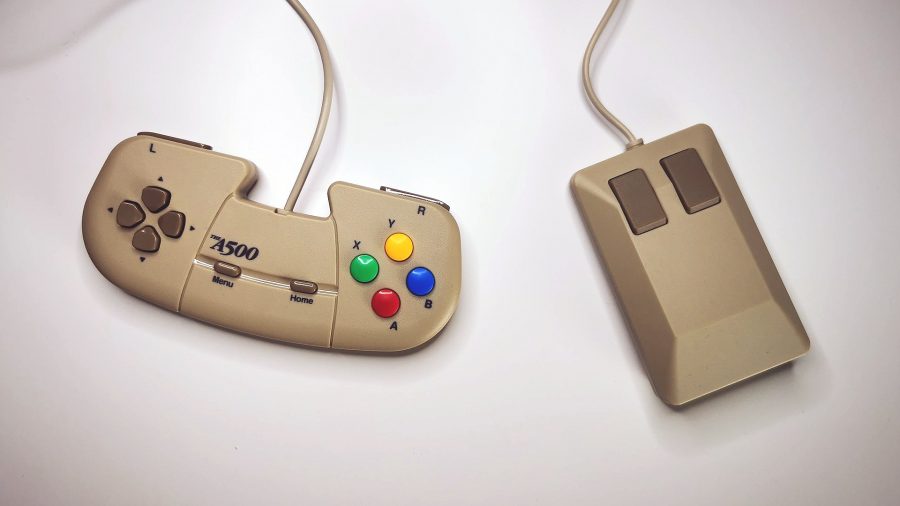 A500 Mini retro gaming PC controller and mouse on white backdrop