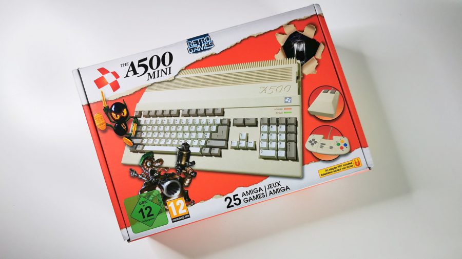 A500 Mini retro gaming PC box on white backdrop