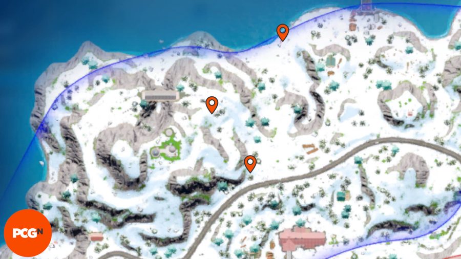 Orange pins showing all three locations of the Fortnite Klombo snow mounds.