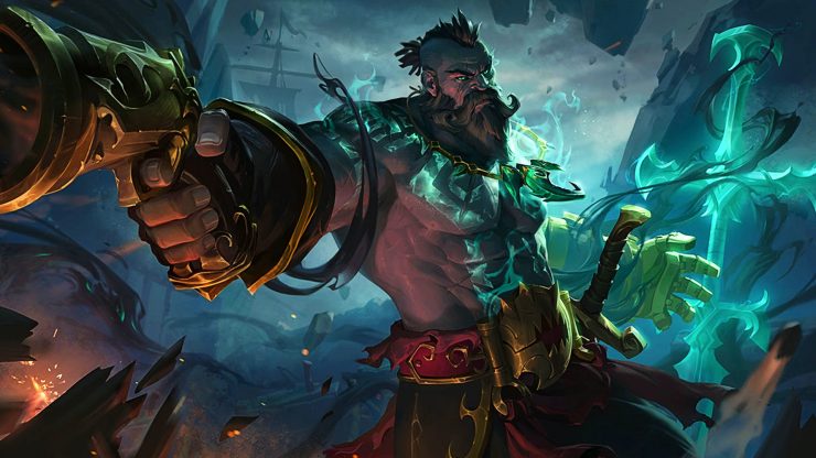 Gangplank the Betrayer splash art: a LoL champ points his gun at the screen as the tides race across the screen