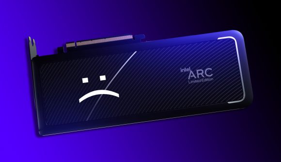 Intel Arc Alchemist desktop GPU delay: Graphics cvard with sad text face on blue backdrop