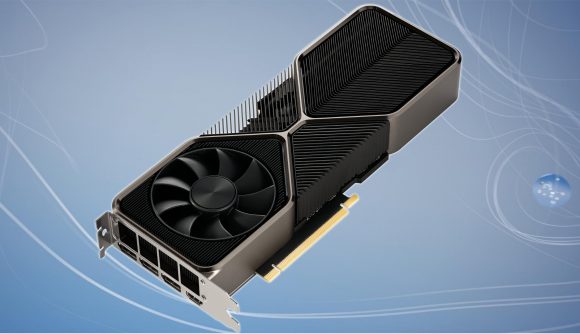 An Nvidia RTX 3000 graphics card against a blue background