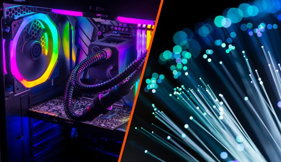 A gaming PC with RGB lights sits in the left panel, while optical fibres glow on the right in blue