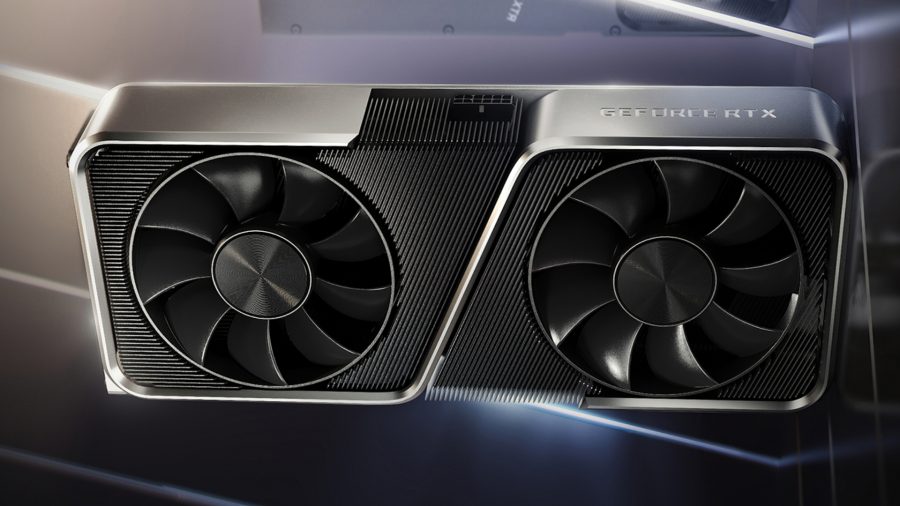 RTX 4070: Nvidia GeForce-promotieafbeelding voor grafische kaarten met GPU in het midden en reflecterende achtergrond