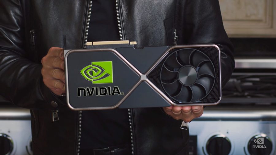 RTX 4080: Nvidia CEO holding graphics card with logo on left