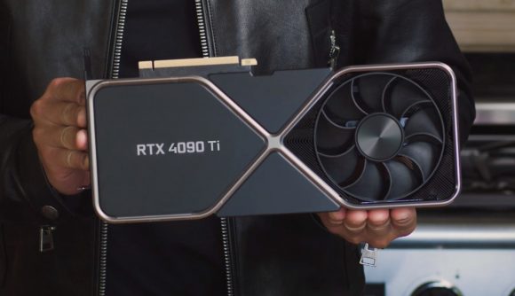hands holding mock up of Nvidia RTX 4090 Ti