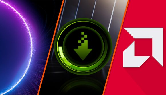Nvidia GPU drivers are better than AMD and Intel: three company logos with Intel Arc on the left, Nvidia Game Ready in the middle, and AMD Radeon on the right