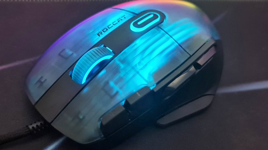 Roccat Kone XP review: a front view of the gaming mouse as it shines blue lights