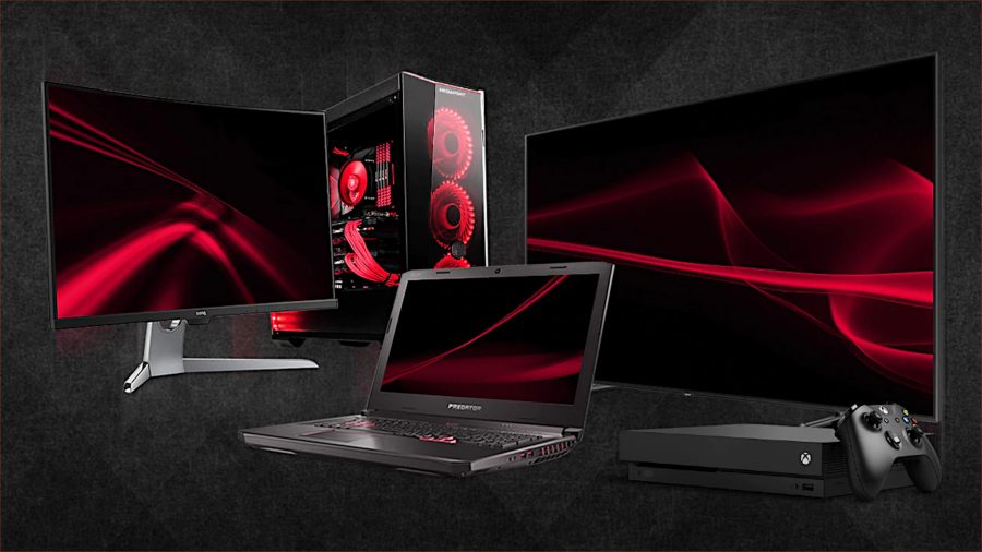 AMD FidelityFX Super Resolution compatible devices, including a gaming laptop, gaming PC, and Xbox games console