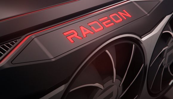 AMD Radeon RX 6950 XT price: An AMD Radeon graphics card, zoomed in on the Radeon logo