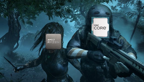 AMD Ryzen 7 5800X3D: A screenshot from Shadow of the Tomb Raider, in which Lara Croft whose face has been replaced by an AMD Ryzen CPU sneaks up behind an enemy soldier who face has been replaced with an Intel Core processor