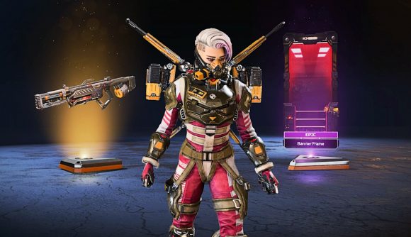 Apex Legends: The character Valkyrie stands wearing a new cosmetic outfit with face mask and side-shaven hair