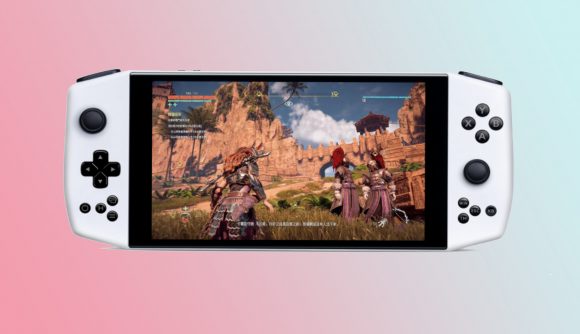 Ayaneo handheld gaming PC on blue and pink backdrop