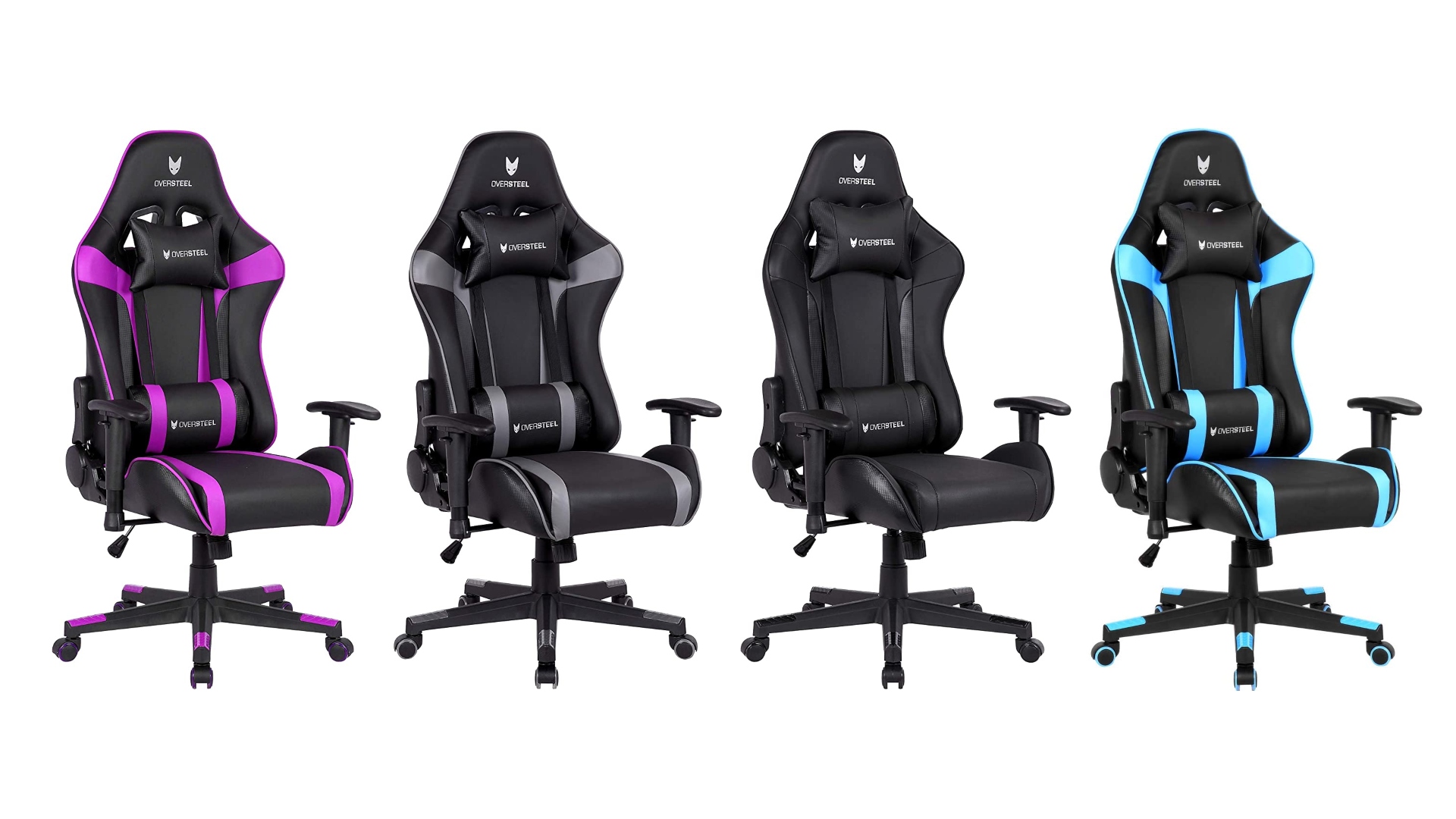 Best Amazon gaming chairs: the Oversteel Ultimet professional gaming chair. Image shows four different coloured chairs.