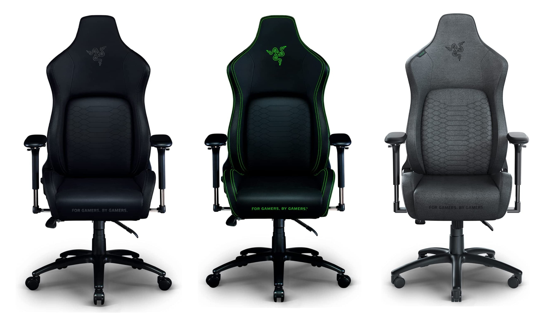 Best Amazon gaming chairs: Razer Iskur. Image shows three Razer Iskur chairs in three colours.