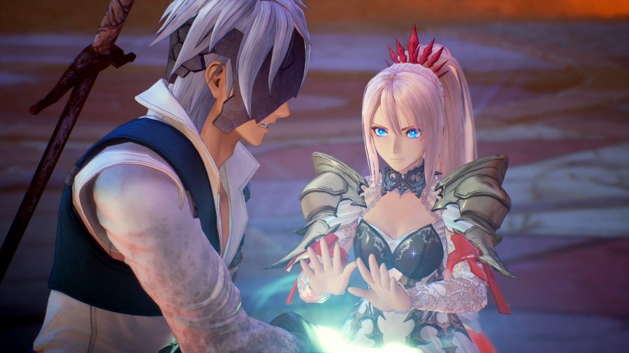 A woman with a determined expression holds her hand to a masked man's arm in Tales of Arise, one of the best offline games on PC.