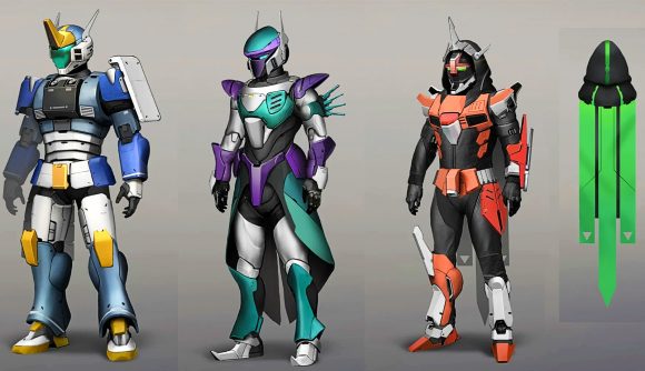 Destiny 2 armor vote: three Gundam-inspired amour are displayed against a white wall