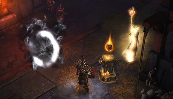 A warrior stands near a portal to the Echoing Nightmare in Diablo 3.