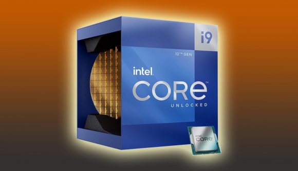 Fastest Intel CPU: Alder Lake i9 chip and box on orange backdrop