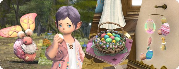 The FFXIV Hatching-tide 2022 rewards, including a bunny minion, an eat egg emote, and multiple egg-themed furniture items