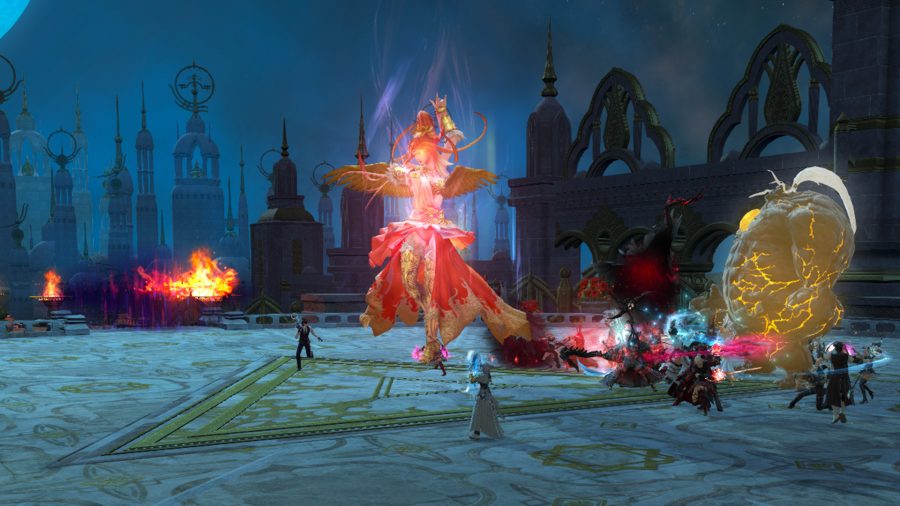 Final Fantasy XIV Aglaia Raid: A group of players fighting against Azeyma