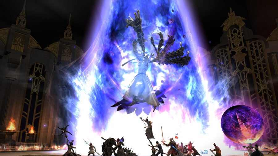 Final Fantasy XIV Aglaia Raid: Nald'Thal floating in the air surrounded by blue energy