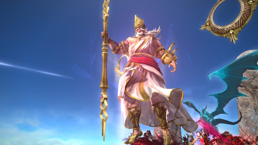 Final Fantasy XIV Aglaia Raid: Rhalgr standing in front of a blue sky as he wields a golden staff