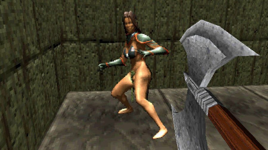 Forgotten Elder Scrolls games: image from Bethesda RPG Battlespire with first-person character holding an axe facing enemy