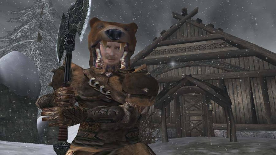 Forgotten Elder Scrolls games: image of warrior from Morrowind holding battleaxe and wearing a bear pelt with building in backdrop 