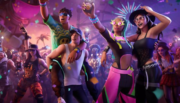 Four Fortnite concertgoers take selfies and cheer in the Coachella crossover event