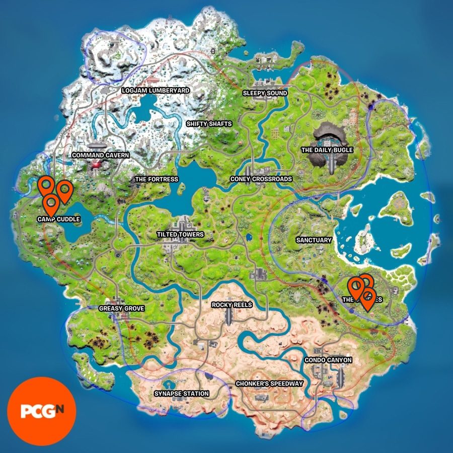 Fortnite Data Receiver: a copy of the Fortnite map with pins highlighting where the data receivers are