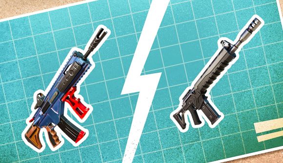 Fortnite funding stations: a blue print of two Fortnite guns torn in two on a table