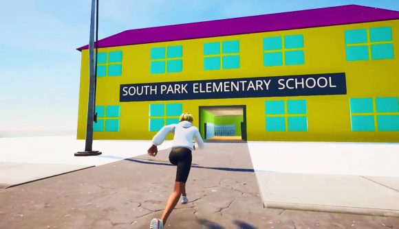 A player runs into a snow-covered school in a Fortnite South Park map code