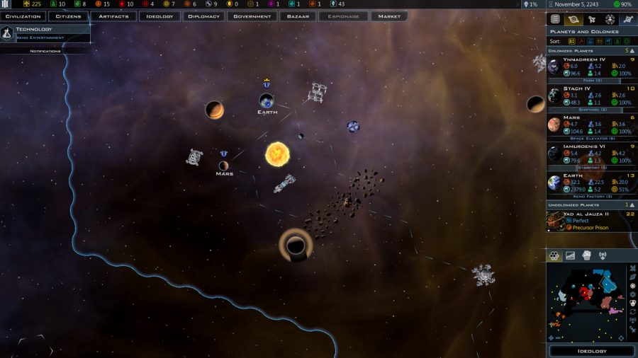 An early game shot of the Sol system in Galactic Civilizations 3's galaxy map