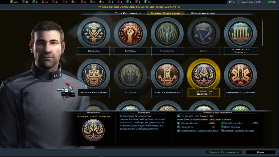 the governments screen in galactic civilizations 3, showing a range of options